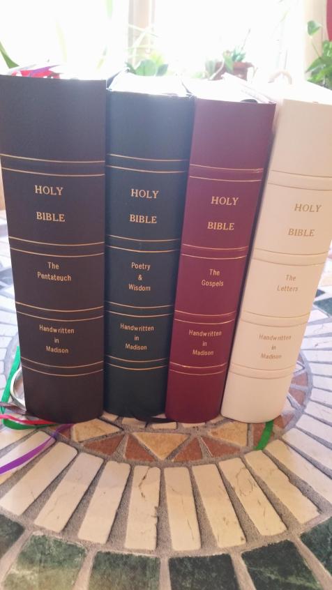 The only copies of the first four volumes completed so far of the Handwritten Bible-Madison (you can write a chapter for the final two volumes if you'd like)